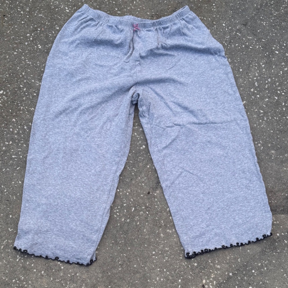 Y2K Capri Pants Women L Gray Crop Lettuce Trim Bow Loungewear Balletcore